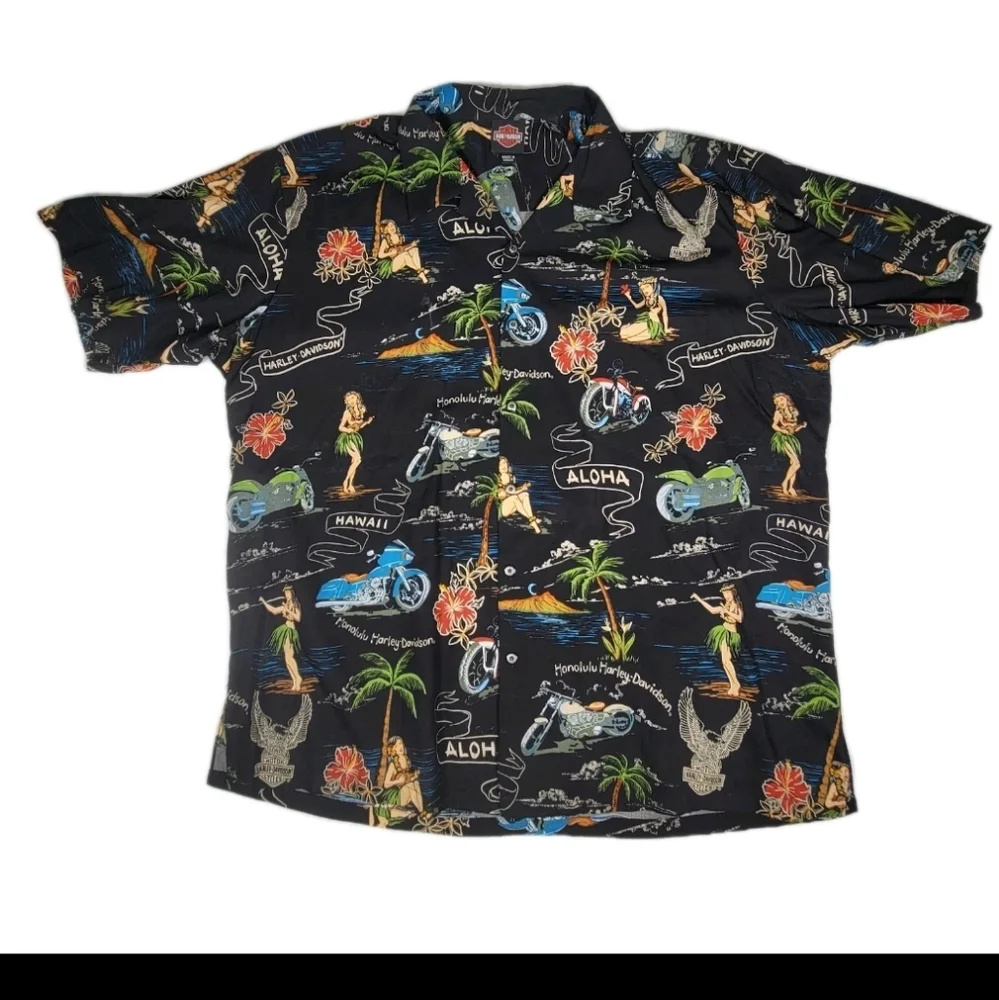 Harley-Davidson Vintage Mens Hawaiian Button-up Shirt Size 2XL Black Hula USA